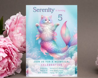 Watercolor Rainbow Mercat Birthday Invitation | Editable Canva Template (Digital Download)