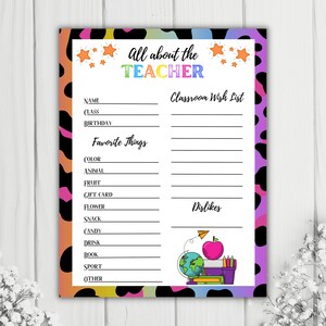 All About The Teacher Questionnaire/ Back to School/ teacher appreciation/ printable teacher stationary digital download