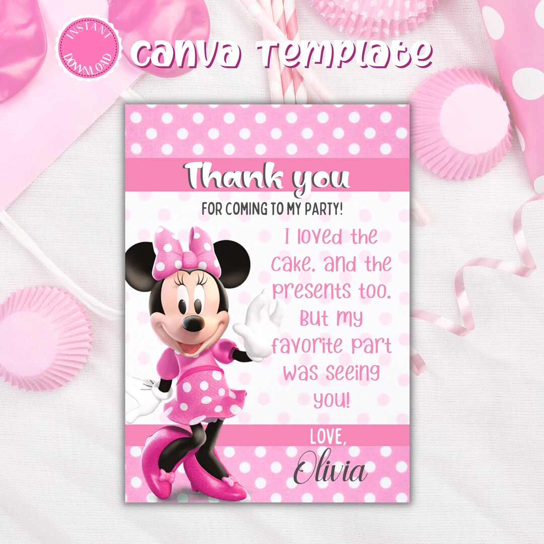 Minnie Mouse Thank You Card Digital Download Canva Template Printable