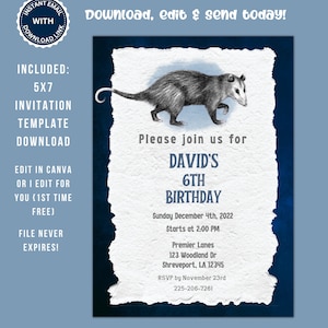 convite minimalista do aniversário do gambá | Convites de animais selvagens | supor aniversário | gambá dos azuis marinhos convida impresso | Modelo do Canva