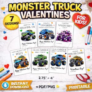 Monster Truck Valentines | 7 Designs, Kids Classroom Cards (Instant Download)