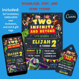 toy story, two infinity and beyond birthday invitation, text invite and gift tags, canva template, 2nd birthday buzz lightyear and woody