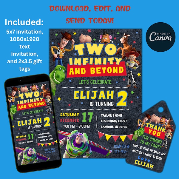 toy story, two infinity and beyond birthday invitation, text invite and gift tags, canva template, 2nd birthday buzz lightyear and woody