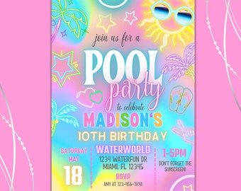 May include: A colorful invitation for a pool party to celebrate Madison's 10th birthday. The invitation features a rainbow background with neon palm trees, sunglasses, and a sun. The text reads "Join us for a Pool Party to celebrate Madison's 10th Birthday". The party is being held at Waterworld on Saturday, May 18th from 1-5pm. The address is 1234 Waterfun Dr, Miami, FL 12345. RSVP to Amy at 123-456-7890. Don't forget the sunscreen!