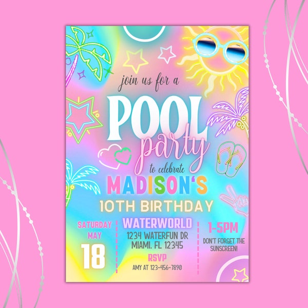 Invito di compleanno per festa in piscina al neon modificabile, invito per festa in spiaggia, estate, ciao scuola Party Bash Download immediato Canva modificabile