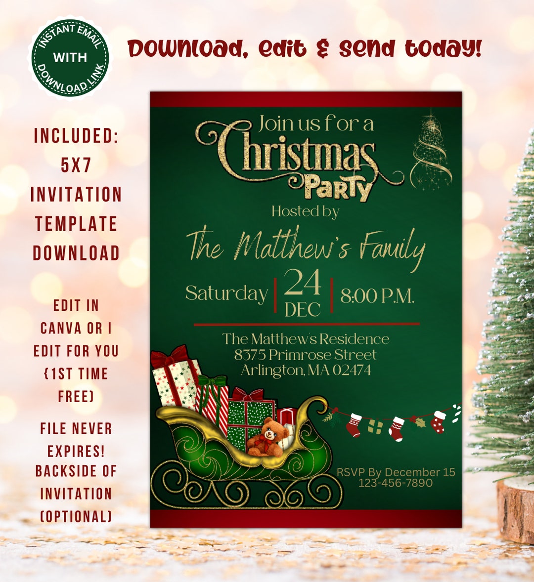 editable-christmas-party-dinner-invitation-green-gold-red-sleigh