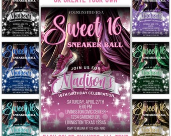 May include: A digital invitation template for a Sweet 16 Sneaker Ball birthday celebration. The design features pink glitter sneakers, flowing fabric, and starburst patterns. Text includes event details for Madison at the Livingston Civic Center.