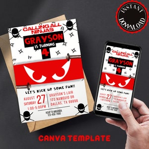 Editable Ninja Warrior Birthday Invitation, Boy Ninja Birthday Party Invite Ninja Party Instant Download Canva text invitations supplies