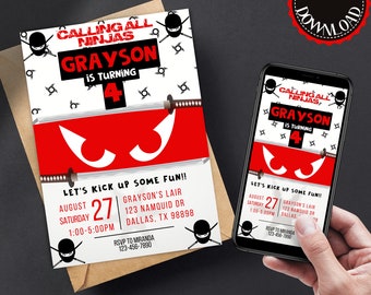 Ninja Warrior Birthday Invitation, Editable Canva Template (Digital Download