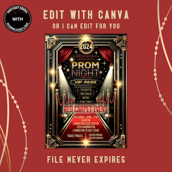 editable vip pass red carpet event prom dance party invitation temple, Printable EDITABLE downloadable TEMPLATE, gold red and black