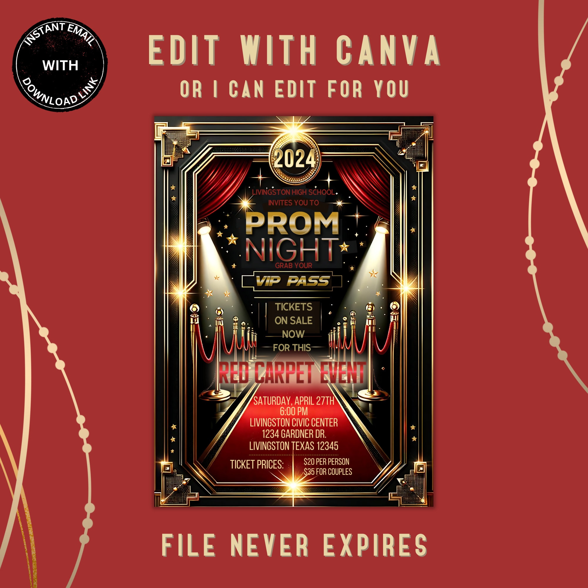 Red Carpet VIP Prom Invitation, Editable Template Digital Download - Etsy