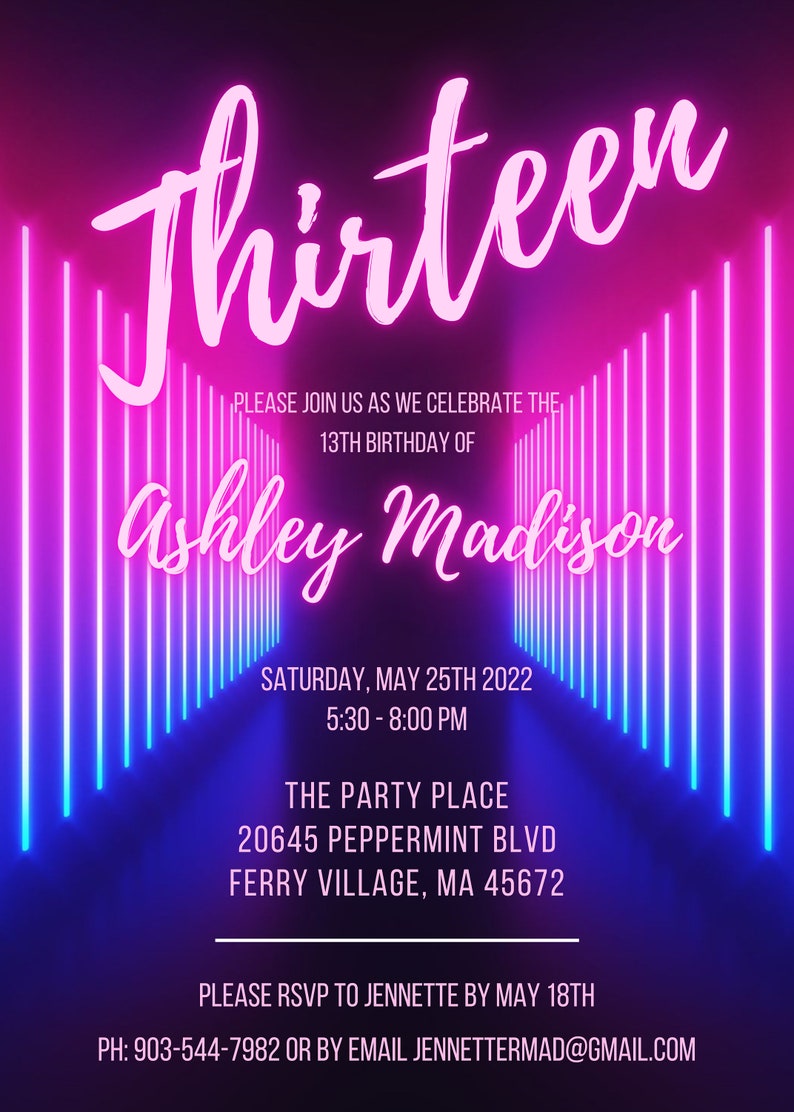 Neon Birthday Invitation Digital Instant Download Girl Etsy