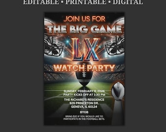Big Game Football Party Invitation Template – Editable Watch Party Invite, Printable Digital Download