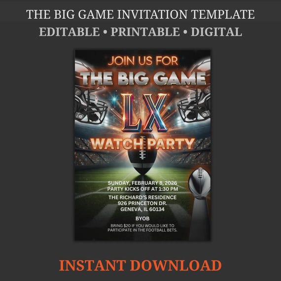 Big Game Football Party Invitation Template – Editable Watch Party Invite, Printable Digital Download