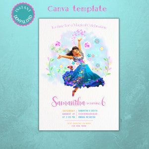 Encanto birthday invitation, with mirabel and flowers, invite digital download, canva template, print mirabel party