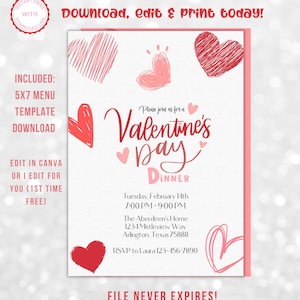 Bearbeitbare Valentinstag-Dinner-Party-Einladung, rote Valentinstagskarte, Tanz, Herz-Party