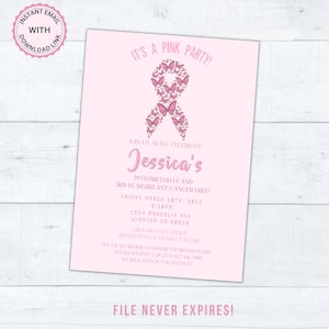 bearbeitbare rosa Party Geburtstag digitale Einladung, Krebs kostenlos Überlebende Geburtstagsparty Download, Canva Vorlage Partyzubehör Karte Einladung