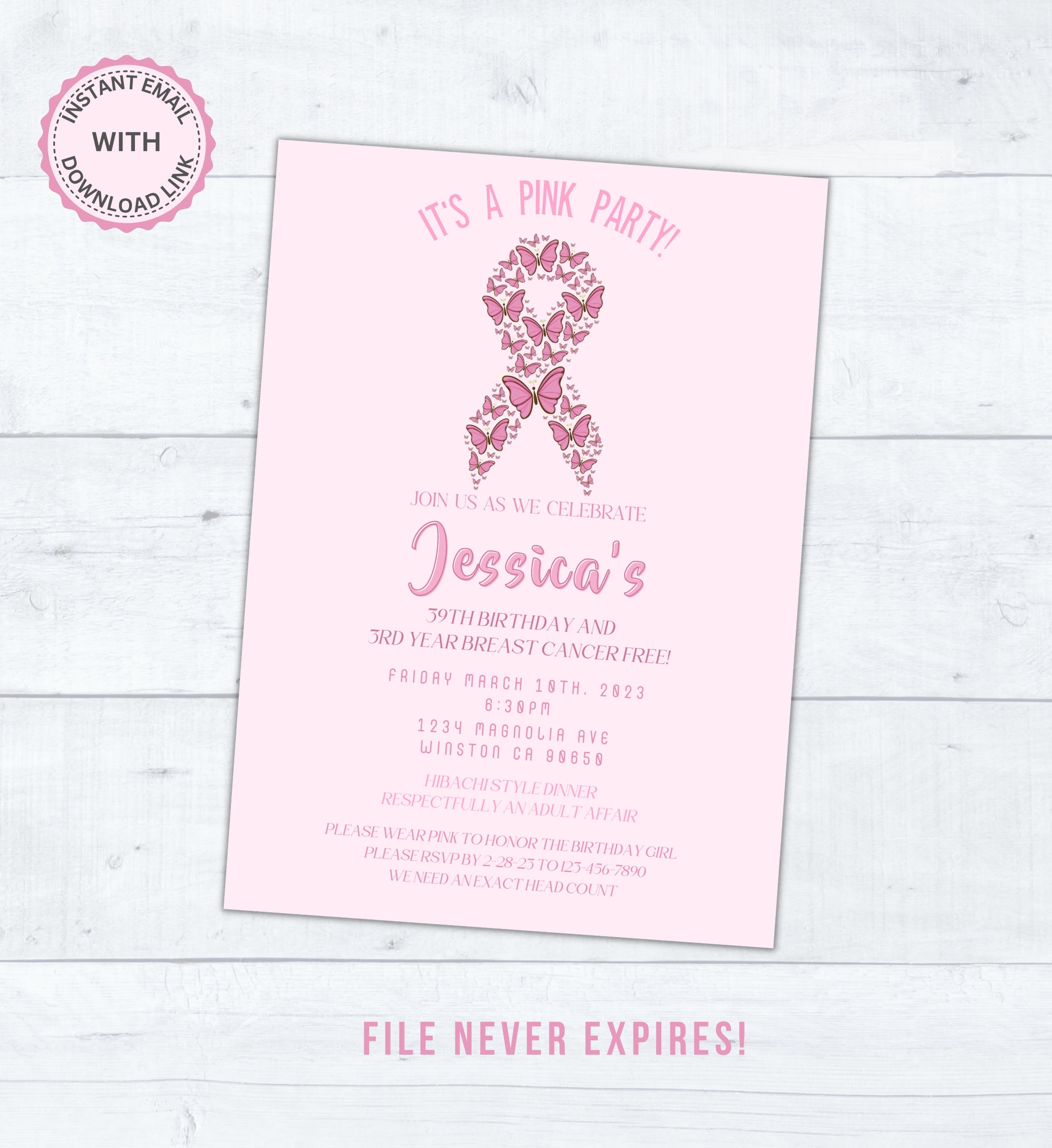 Editable Pink Party Birthday Digital Invitation Cancer Free Etsy UK