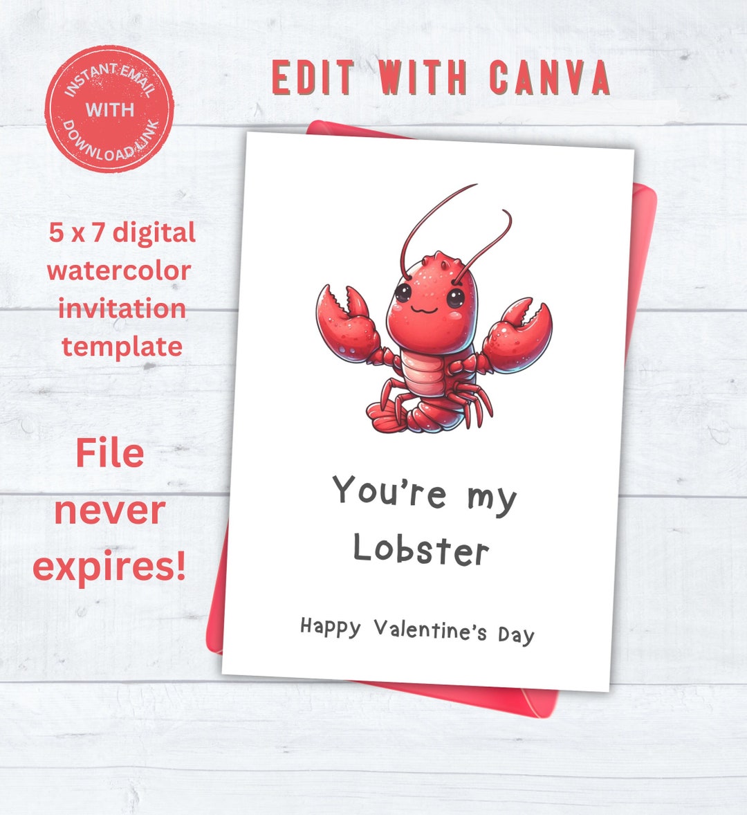 Editable Watercolor Youre My Lobster Valentines Day Card Template, Red