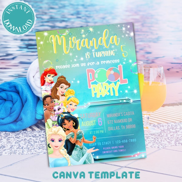 Princess pool party birthday invitation, pool party invite digital download, Princess invitations canva template party supplies school out