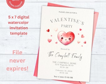 May include: A digital printable Valentine's Day party invitation template featuring a watercolor illustration of a heart with a smiling face. The text reads "Please join us for a Valentine's Party" and includes the date, time, and location of the party. The invitation is hosted by "The Campbell Family".