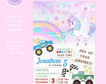 May include: A colorful invitation for a birthday party with a unicorn and monster truck theme. The invitation features a rainbow, stars, and the text "A Magical Day is On The Way!"  "Alicia is turning 5" and "Jonathan is turning 5".