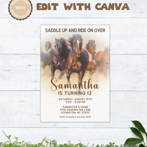 Invitación de cumpleaños de caballo minimalista / Invitaciones occidentales / ensillar / Granja rústica Boho chic Invitación impresa / Plantilla Canva