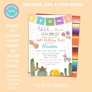 surprise Taco Fiesta birthday Invitation Template, Editable Announcement, Digital Invite, Instant Download fiesta party