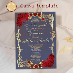 Quinceañera Invitation, Printable EDITABLE TEMPLATE, smokey blue gray invite, Gold Mis Quince 15 Anos Birthday,  15th birthday invitation