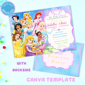 Princess double sibling Birthday Party invitation | theme Princess pamper party invite | digital download editable printable canva template