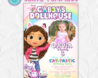 Modèle d'invitation d'anniversaire pour maison de poupée Gabbys avec photo imprimable, invitation d'anniversaire pour enfants avec photo, invitation modifiable pour enfants