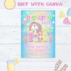 bearbeitbare Einhorn Pool Party Einladung, Strand Party Einladung, Pool Float Splish Splash Pool Party Bash Instant Download Editable Canva