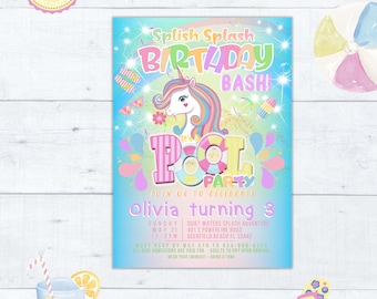 Unicorn Pool Party Invitation, Splish Splash Birthday Bash Editable Canva