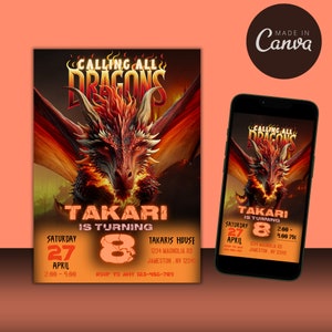 May include: A birthday invitation for a child named Takari turning 8. The invitation features a fiery red dragon with a black background. The text "Calling All Dragons" is at the top of the invitation. The invitation includes the date, time, and location of the party.