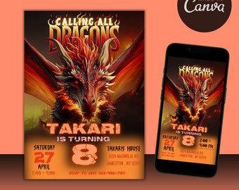 Editable fierce fire dragon theme Birthday party Invitation, downloadable printable invite, text size included