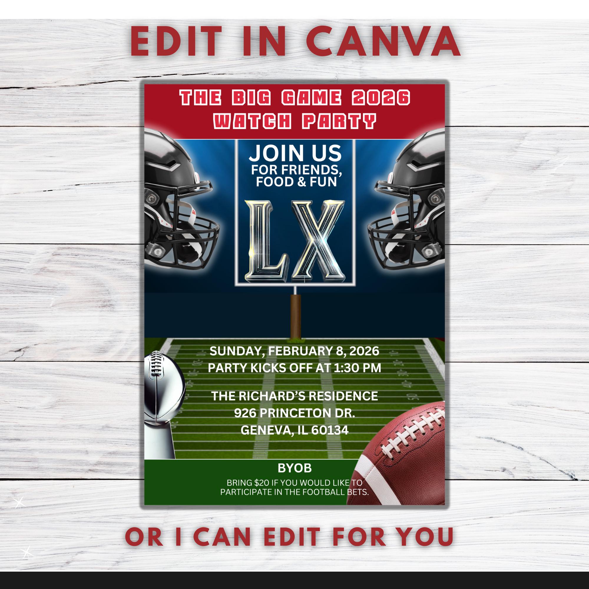 the big game 2026 watch party invitation template, canva editable