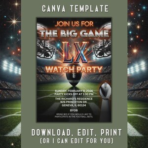 Big Game Football Party Invitation Template – Editable Watch Party Invite, Printable Digital Download image 3