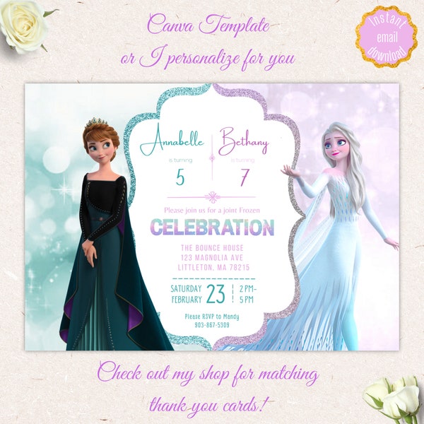 Elsa und Anna gefrorene Geburtstagseinladung digitale Vorlage zum Ausdrucken, Kinder Geburtstagseinladung, Kinder bearbeitbare Einladung