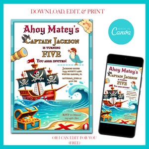 May include: Ahoy Matey's! A printable invitation for a pirate-themed birthday party. The invitation features a cartoon pirate ship sailing on a blue ocean with a treasure chest and a parrot. The text on the invitation reads "Ahoy Matey's! Captain Jackson is turning five. You arr invited!" and includes the date, time, and location of the party.