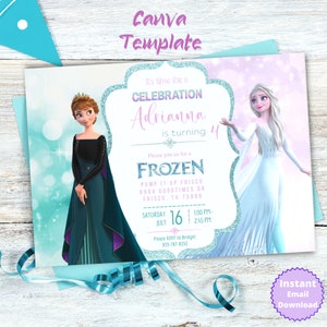 editable elsa and anna frozen Kids Birthday Invitation Template Printable, Birthday Invitation, kids Editable invitation