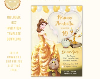 Princess Belle Pamper Birthday invitation, Beauty and the beast invite digital invitation download canva template party supplies royal