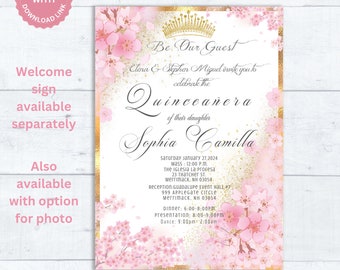 May include: Pink and gold Quinceañera invitation with a floral design and a crown. The invitation includes the text "Be Our Guest" and the names "Sophia Camilla". The event details include the date, time, and location of the Mass and reception.
