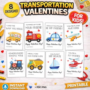 May include: A set of eight Valentine's Day cards with transportation-themed designs. Each card features a different vehicle, such as a school bus, fire truck, and airplane, with a Valentine's Day message. The cards are labeled "For Kids!" and are available as an instant download.