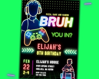Neon Gaming Birthday Invitation, Editable Bruh Party Invite Digital Download