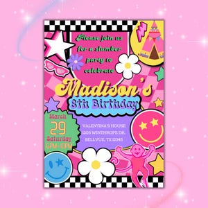 convite digital para festa do pijama estilo retrô preppy editável, download de festa de aniversário preppy, modelo canva para convite de cartão de festa