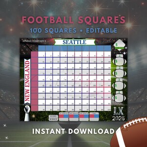Big Game Football Squares – Editable 100 Square Pool, Instant Download