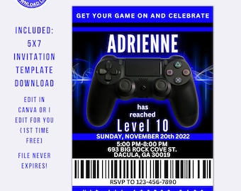 May include: A blue and black printable invitation template for a video game themed party. The invitation features a black PlayStation controller with a blue glow effect. The text on the invitation reads "Adrienne has reached Level 10" and includes the date, time, and location of the party. The invitation also includes the text "VIP All Access Pass".