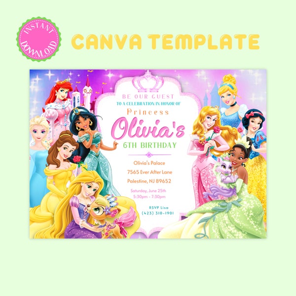Princess Birthday Party theme Princess pamper birthday party invitation digital download editable printable canva template