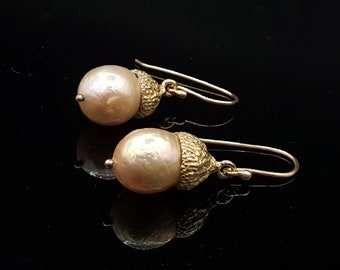 14k Solid Yellow Gold Baroque Edison Pearl Drop Acorn Earrings