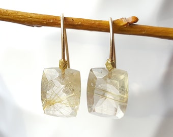 Gold Charm Earrings Rutilated Quartz and Gold Earrings Black and Gold Earrings Gold Post Hoops